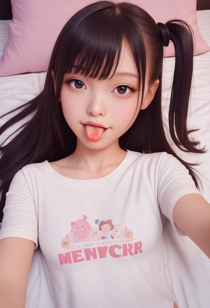 ollarbone,pastel colors t-shirt,off-shoulder look,bare shoulder,midriff peek,micro shorts,open mouth,(tongue out:2),lying,Selfie,looking ahead,from above,front view,upper body,(1girl,Beautiful 14 year old girl),((Slender,Small breasts,Small face,)),looking at viewer,Black Hair,bangs,one side up,Beautiful and detailed,Mischievous smile,Dimly lit room,Simple Background,bed,pillow,best quality