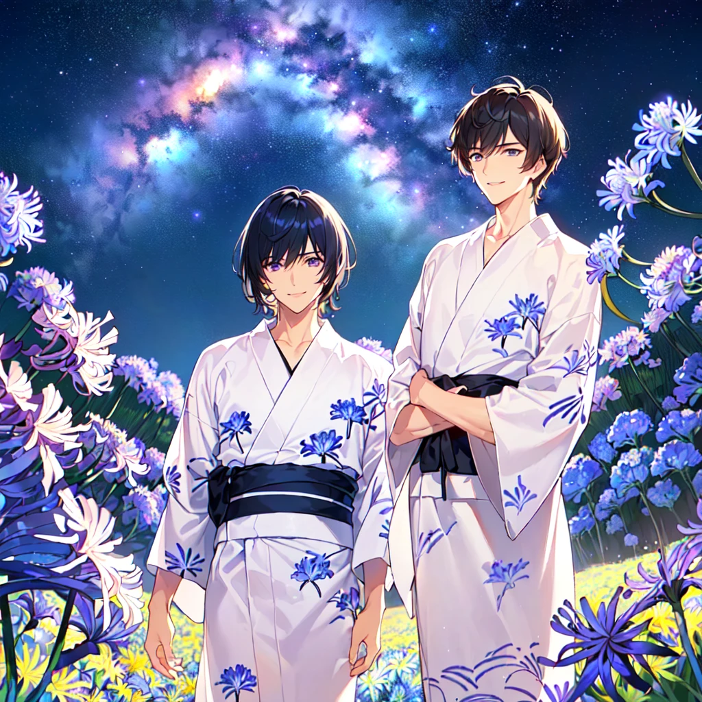 masterpiece,best quality,high quality,(2male austere handsome two adult age 30 years old:1.5), purple eyes, cool with suspended eyes, V-shaped eyebrows, body strong and fearless 8.5 head tall, height 185cm, (well-groomed black short hair to neck:1.4), (bangs 7 thirds parted: 1.4), slender nose, facial muscles, throat, (agapanthus flower print in summer yukata: 1.3), (stylish pose), (cool smile: 1.3), (agapanthus flower field in background: 1.3), (Milky Way Night Sky: 1.3)