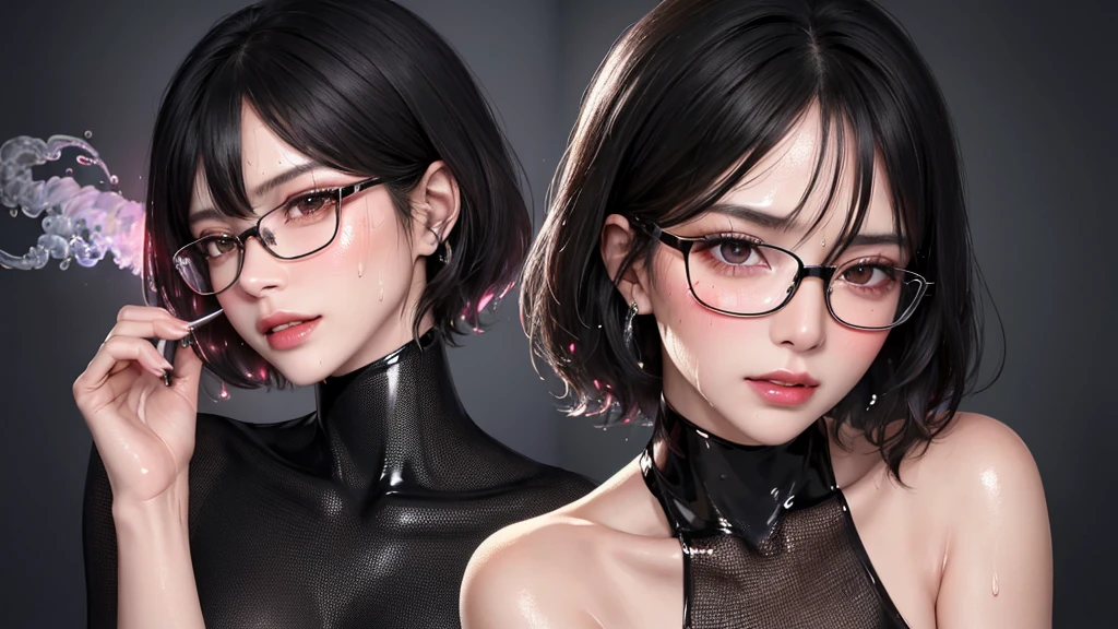 Super detailed, Highest quality, 8K, Ultra-high resolution, Black Hair, One Woman, amount, Glasses, Stiletto heels, Midnight, Slim figure ,Straight Hair, short hair, Glasses , (((Sweat, vapor))), sheer turtleneck dress, skin, Stiletto heelsサンダル, Beautiful feet, ((((blush)))), Dark room、Full body paint、Detailed face、Delicate facial features、Detailed skin、Shiny skin、(((Detailed face)))、Delicate facial features、Detailed skin、Black glossy stockings、Beautiful Face、Perfect Face、非常に精巧でBeautiful Faceと目、Attractive face、Top view、Respect、Nightclub、Back view