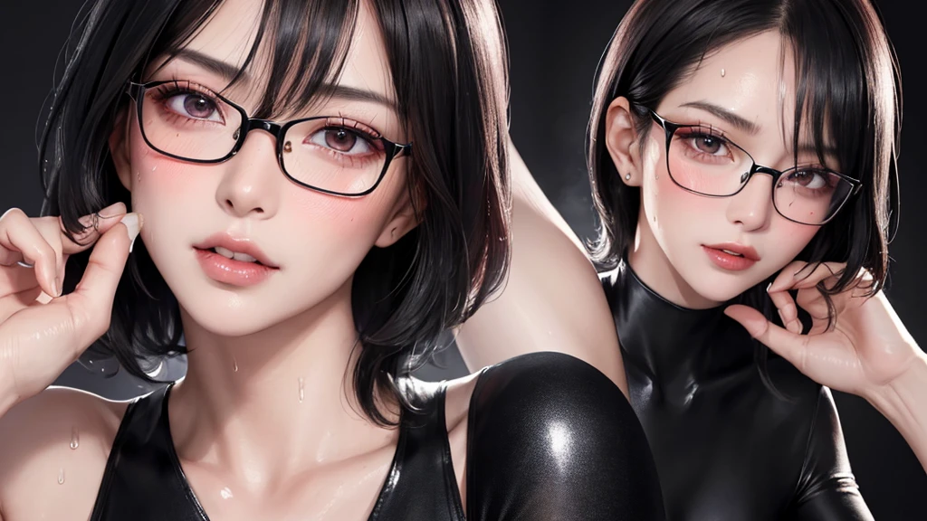 Super detailed, Highest quality, 8K, Ultra-high resolution, Black Hair, One Woman, amount, Glasses, Stiletto heels, Midnight, Slim figure ,Straight Hair, short hair, Glasses , (((Sweat, vapor))), sheer turtleneck dress, skin, Stiletto heelsサンダル, Beautiful feet, ((((blush)))), Dark room、Full body paint、Detailed face、Delicate facial features、Detailed skin、Shiny skin、(((Detailed face)))、Delicate facial features、Detailed skin、Black glossy stockings、Beautiful Face、Perfect Face、非常に精巧でBeautiful Faceと目、Attractive face、Top view、Respect、Nightclub、Back view