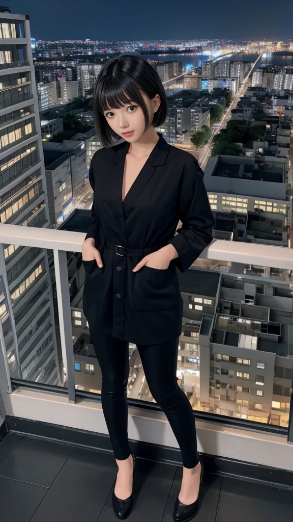 Night view of industrial area,Factory Plant,Natural perspective,Generate an image of the nighttime cityscape spread out below, as seen from the top floor of a high-rise condominium in the metropolis,wide lense, ocean view,1girl,japanese cute girl,black eyes,cute,medium bob hair,bangs, slim, neat_and_clean beautiful cute friendly face, 26yo, perfect body shape,