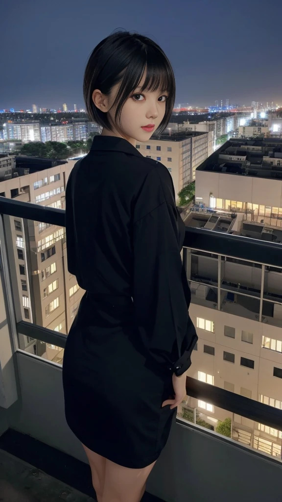 Night view of industrial area,Factory Plant,Natural perspective,Generate an image of the nighttime cityscape spread out below, as seen from the top floor of a high-rise condominium in the metropolis,wide lense, ocean view,1girl,japanese cute girl,black eyes,cute,medium bob hair,bangs, slim, neat_and_clean beautiful cute friendly face, 26yo, perfect body shape,