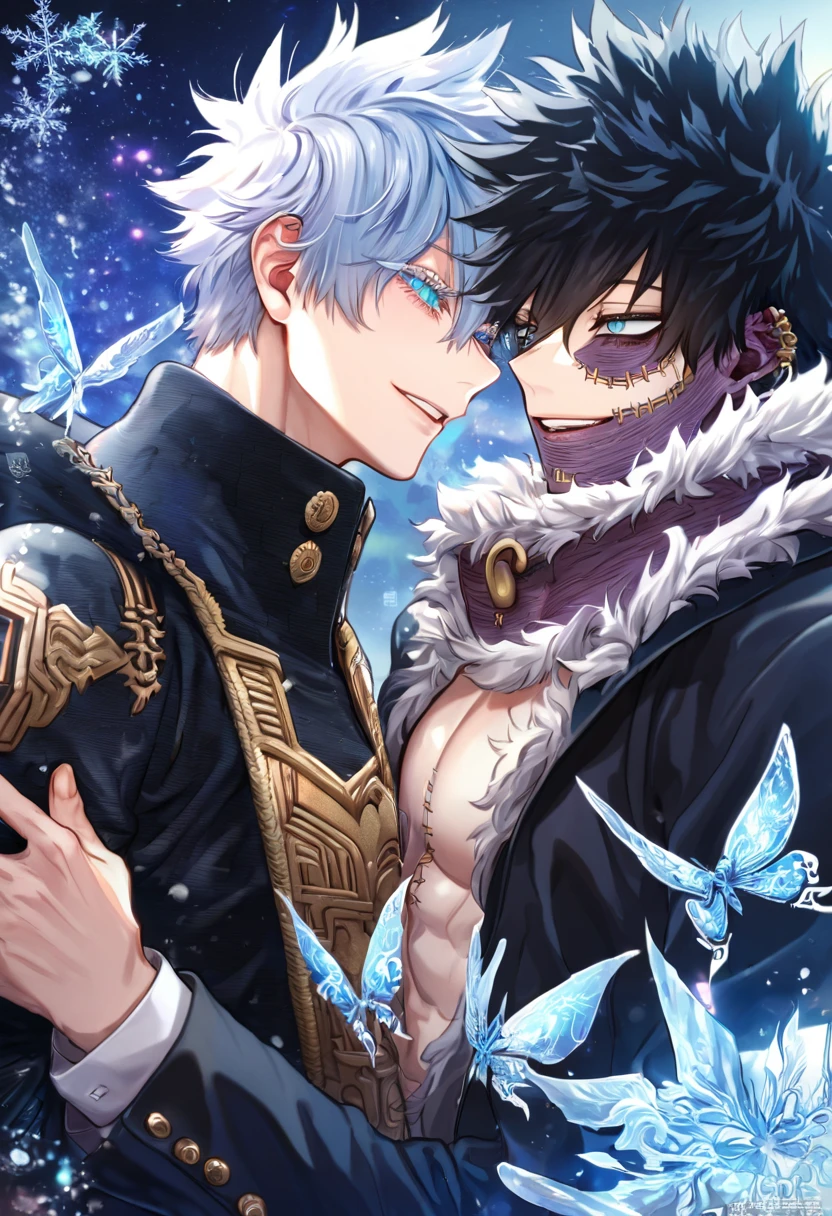 absurdres, highres, ultra detailed, HDR, master piece, best quality, extremely detailed face, delicated features, Dabi, black hair, expressive turquoise eyes, Boku No Hero Academia, Gojou Satoru with black hair, expressive blue eyes, white eyelashes, two sexy men, gay couple, yaoi, handsome, smile, blue jacket with fur, black jacket with fur, fantasy, magical, ice, ice butterflies, snowflakes, starry night, envy magical