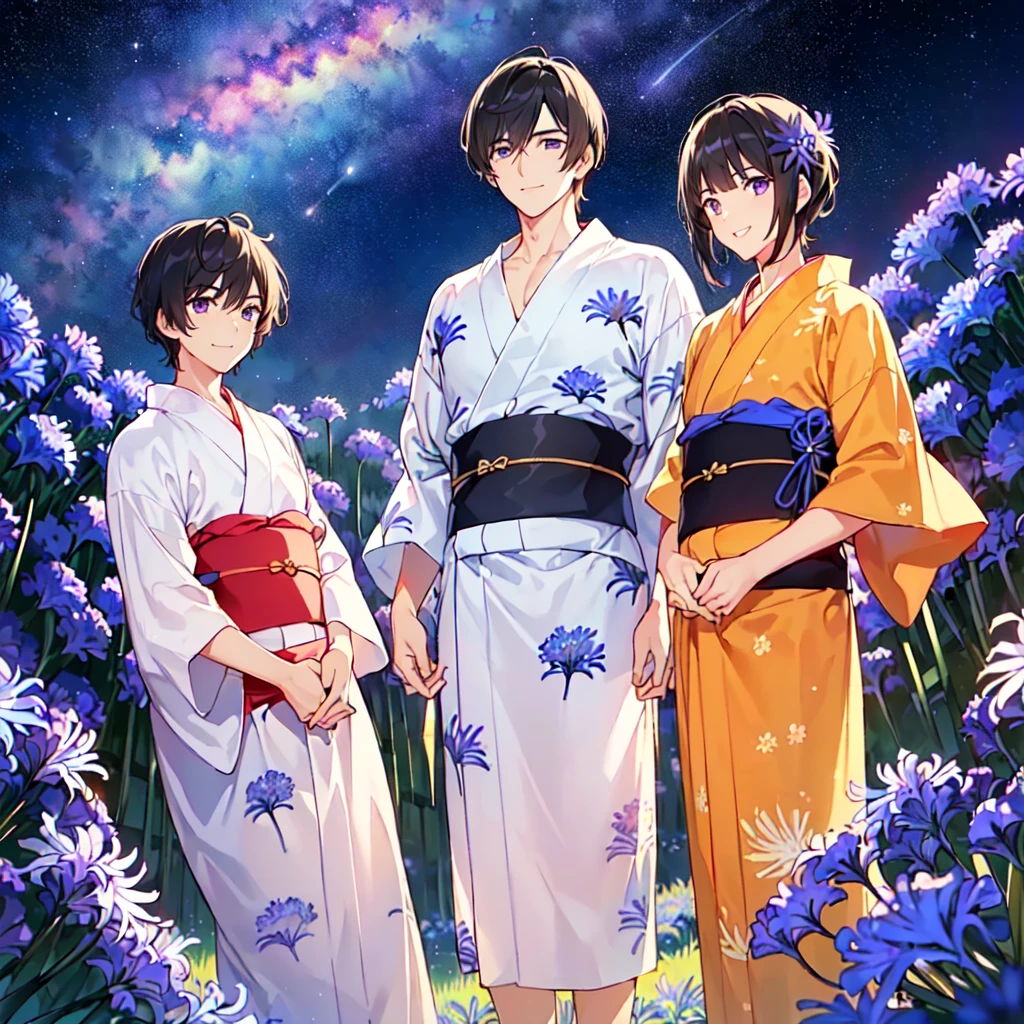 masterpiece,best quality,high quality,(2male austere handsome two adult 0 years old:1.5), purple eyes, cool with suspended eyes, V-shaped eyebrows, body strong and fearless 8.5 head tall, height 185cm, (well-groomed black short hair to neck:1.4), (bangs 7 thirds parted: 1.4), slender nose, facial muscles, throat, (agapanthus flower print in summer yukata: 1.3), (stylish pose), (cool smile: 1.3), (agapanthus flower field in background: 1.3), (Milky Way Night Sky: 1.3)