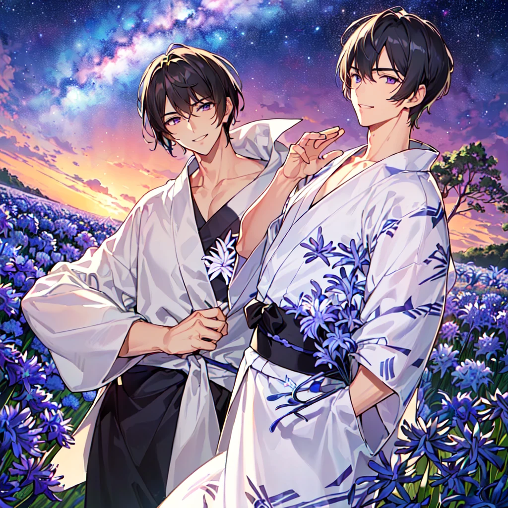 masterpiece,best quality,high quality,(2male austere handsome two adult age 30 years old:1.5), purple eyes, cool with suspended eyes, V-shaped eyebrows, body strong and fearless 8.5 head tall, height 185cm, (well-groomed black short hair to neck:1.4), (bangs 7 thirds parted: 1.4), slender nose, facial muscles, throat, (agapanthus flower print in summer yukata: 1.3), (stylish pose), (cool smile: 1.3), (agapanthus flower field in background: 1.3), (Milky Way Night Sky: 1.3)