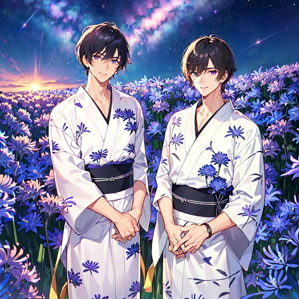 masterpiece,best quality,high quality,(2male austere handsome two adult age 30 years old:1.5), purple eyes, cool with suspended eyes, V-shaped eyebrows, body strong and fearless 8.5 head tall, height 185cm, (well-groomed black short hair to neck:1.4), (bangs 7 thirds parted: 1.4), slender nose, facial muscles, throat, (agapanthus flower print in summer yukata: 1.3), (stylish pose), (cool smile: 1.3), (agapanthus flower field in background: 1.3), (Milky Way Night Sky: 1.3)