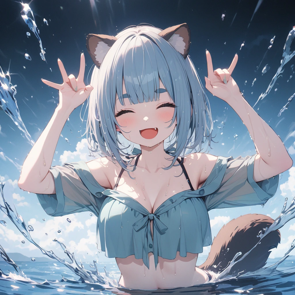 (best quarity,ultra detailed,ultra-high-resolution, absolutely resolution,8k, masterpiece),anime,(pale colors:1.8),long shot, 1girl, solo, cat mouth, hands up, (shoulder-deep in water:1.3), smile, closed eyes, opened mouth, fang, pointing ups, blue hair, bobcut, straight hair, racoon ears, racoon tail, (brown streaked hair:1.3), (blunt bangs) ,wet hair, wet skin, thick eyebrows, big breast, off shoulder bikini, water splash background, summer, fullbody,