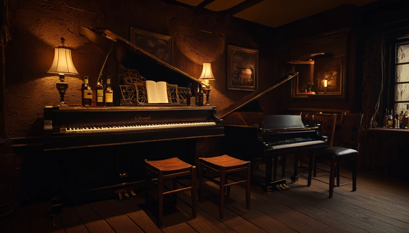 a rustic piano bar, grand piano in the corner, wooden chairs and tables, bottles and accessories on the bar, warm lighting, intricate details, realistic, photorealistic, 8k, masterpiece, dramatic lighting, chiaroscuro, moody atmosphere, cinematic composition
