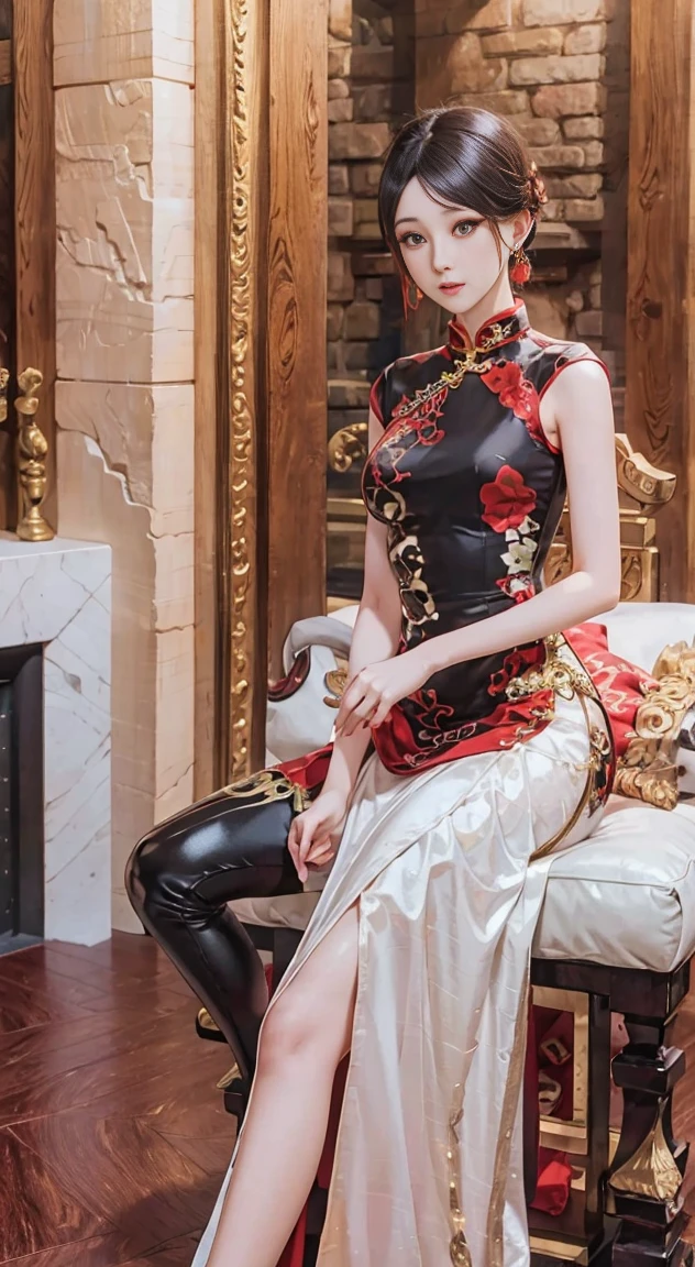 a detailed portrait of a beautiful woman in an elegant cheongsam dress, with long flowing hair, bare shoulders, and intricate facial features, in a grand room setting with ornate decor, high-quality, photorealistic, 8k, masterpiece, extremely detailed, RAW photograph, complex details, perfect hands, anatomically correct, glossy skin, arms on hips