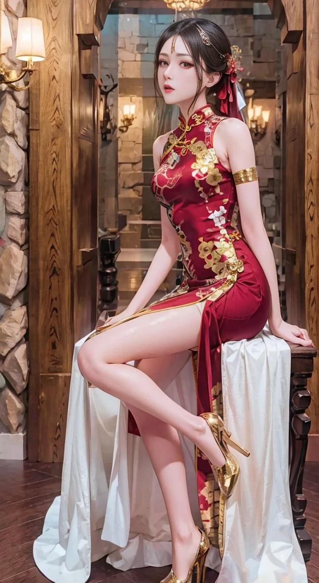 a detailed portrait of a beautiful woman in an elegant cheongsam dress, with long flowing hair, bare shoulders, and intricate facial features, in a grand room setting with ornate decor, high-quality, photorealistic, 8k, masterpiece, extremely detailed, RAW photograph, complex details, perfect hands, anatomically correct, glossy skin, arms on hips