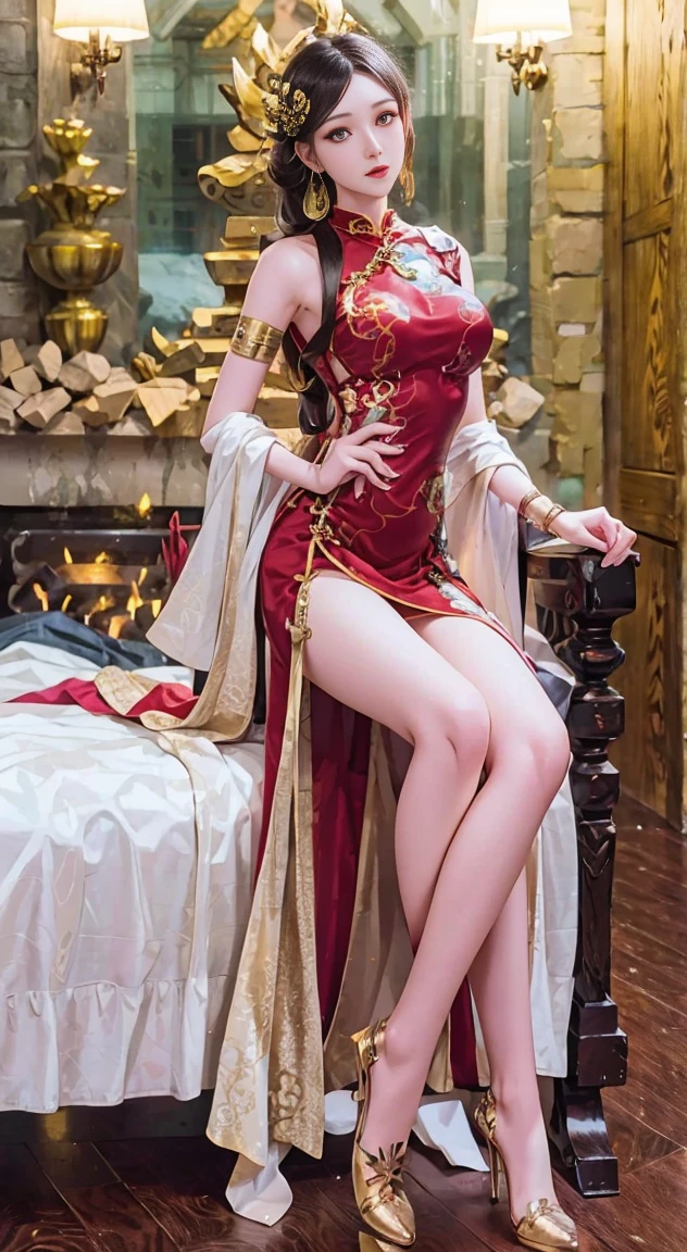 a detailed portrait of a beautiful woman in an elegant cheongsam dress, with long flowing hair, bare shoulders, and intricate facial features, in a grand room setting with ornate decor, high-quality, photorealistic, 8k, masterpiece, extremely detailed, RAW photograph, complex details, perfect hands, anatomically correct, glossy skin, arms on hips