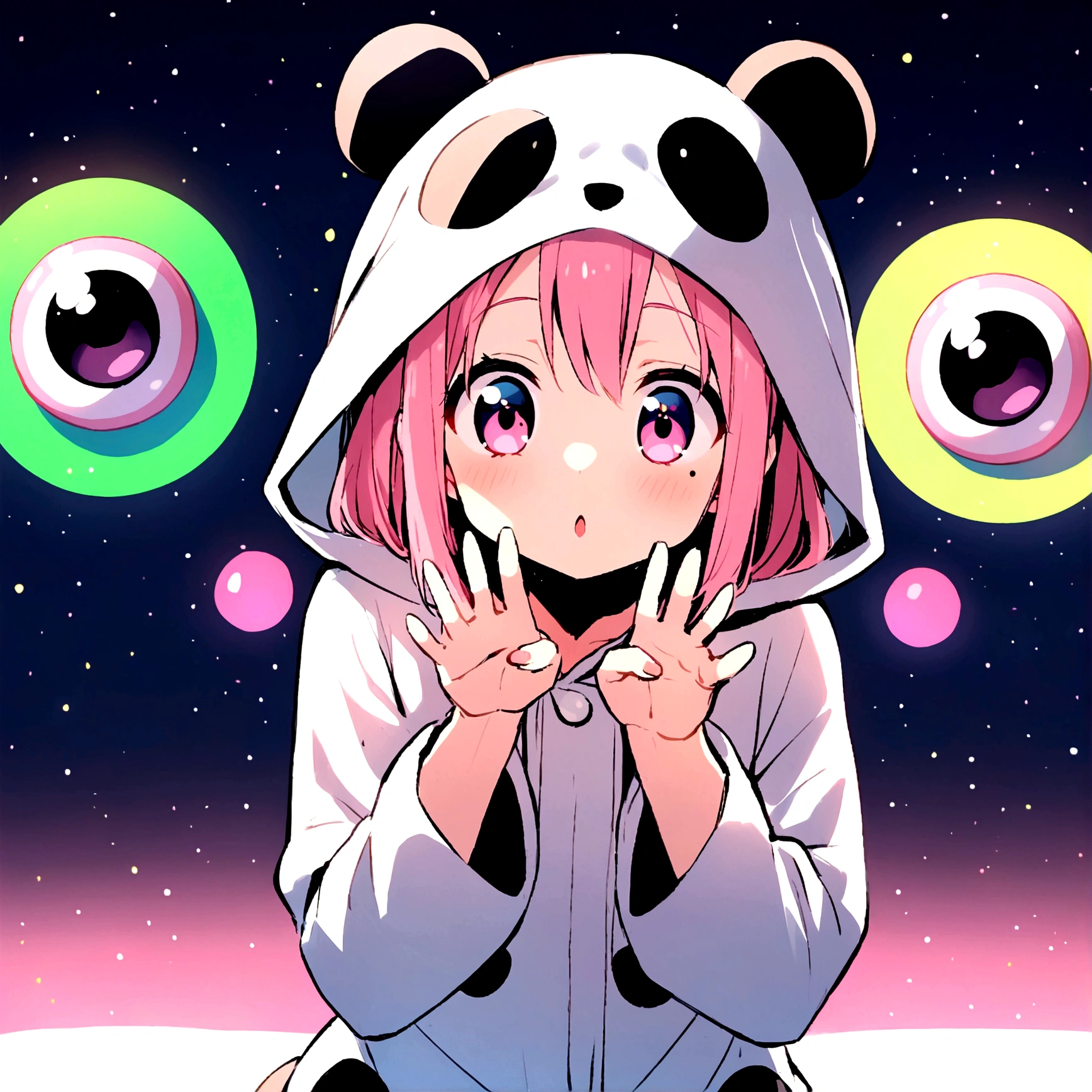 anime、Girl in panda costume、Pink Hair、Mole under the eye、Pink eyeball、Cute pose