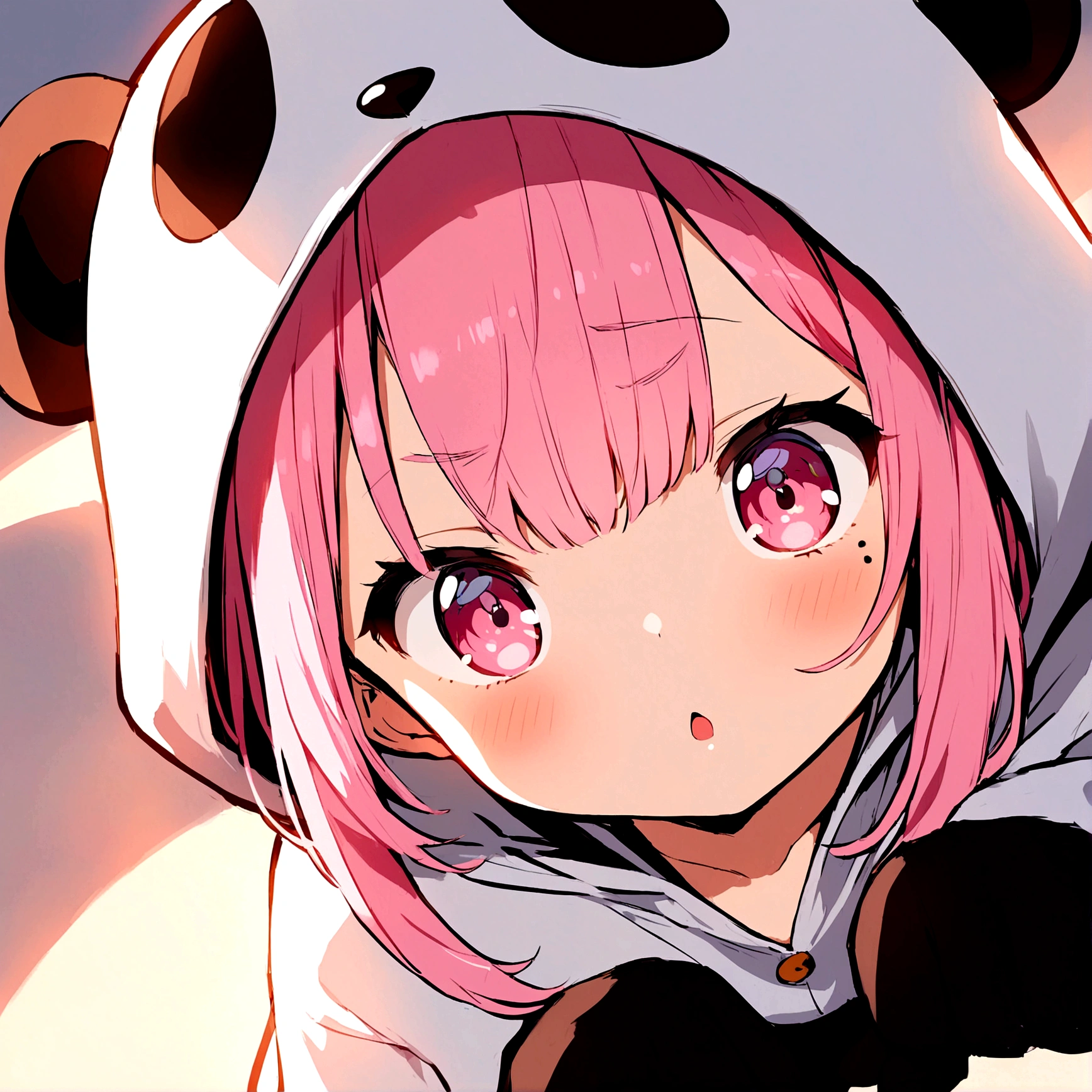 anime、Girl in panda costume、Pink Hair、Mole under the eye、Pink eyeball、Cute pose