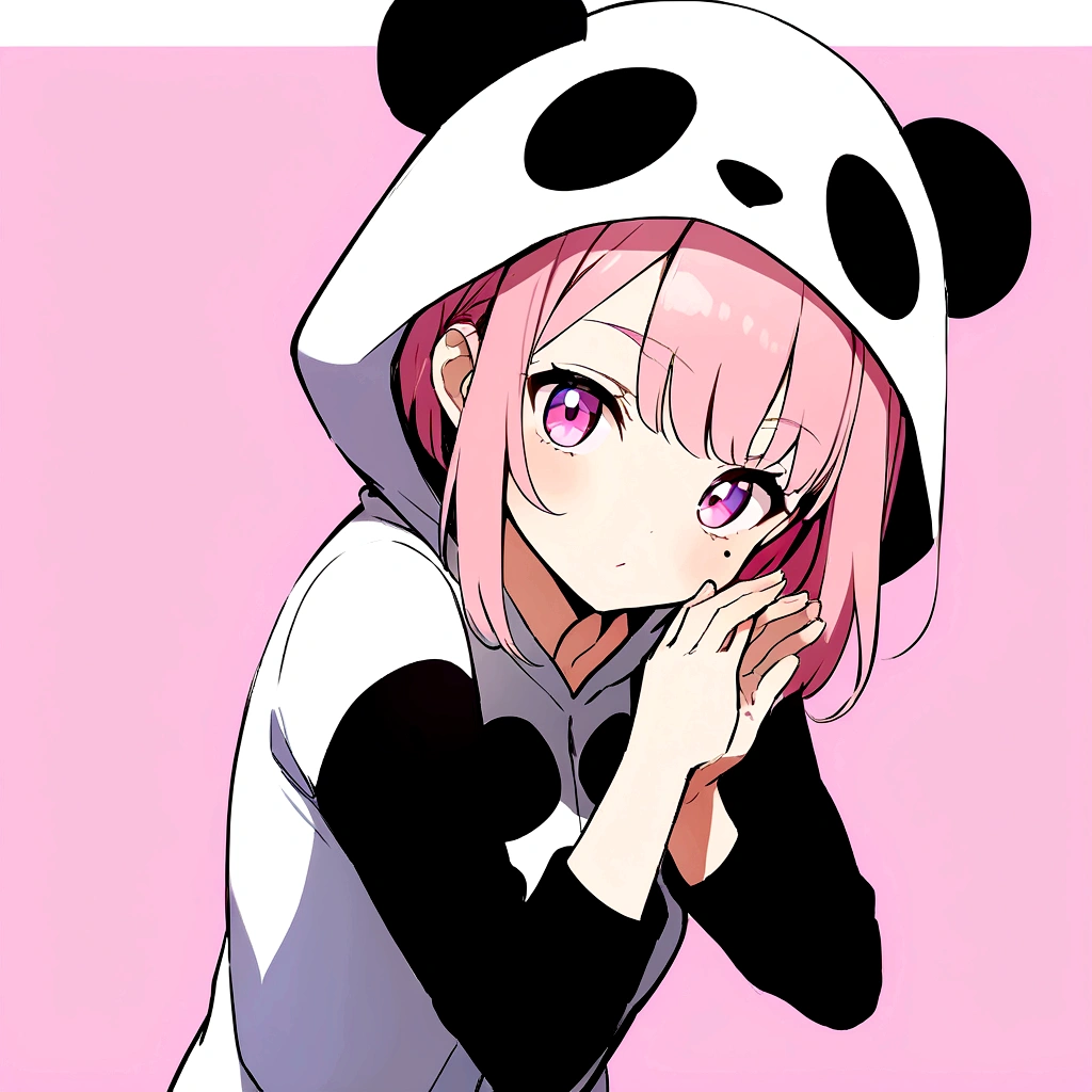 anime、Girl in panda costume、Pink Hair、Mole under the eye、Pink eyeball、Cute pose