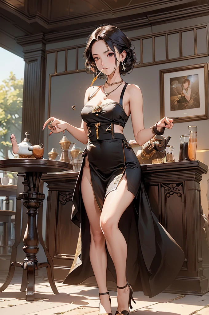 NSFW,(Natural finger shape:1.5),((Full Body Shot,Including face)),Standing position,4K,masterpiece,((Focus on the face)),((Symmetrical facial features)),Eye for detailed depiction,Beautiful woman,Excellent style,Beautiful feet,(Small Ass,Thin thighs),(Patterned black stockings:2,High heels),Facial detailing,Small earrings,necklace,Low angle photo,((camisole,Tight Skirt)),(Drinking tea at a cafe:2),Strong sunlight,,(((Lean your body back and sit on the ground))),