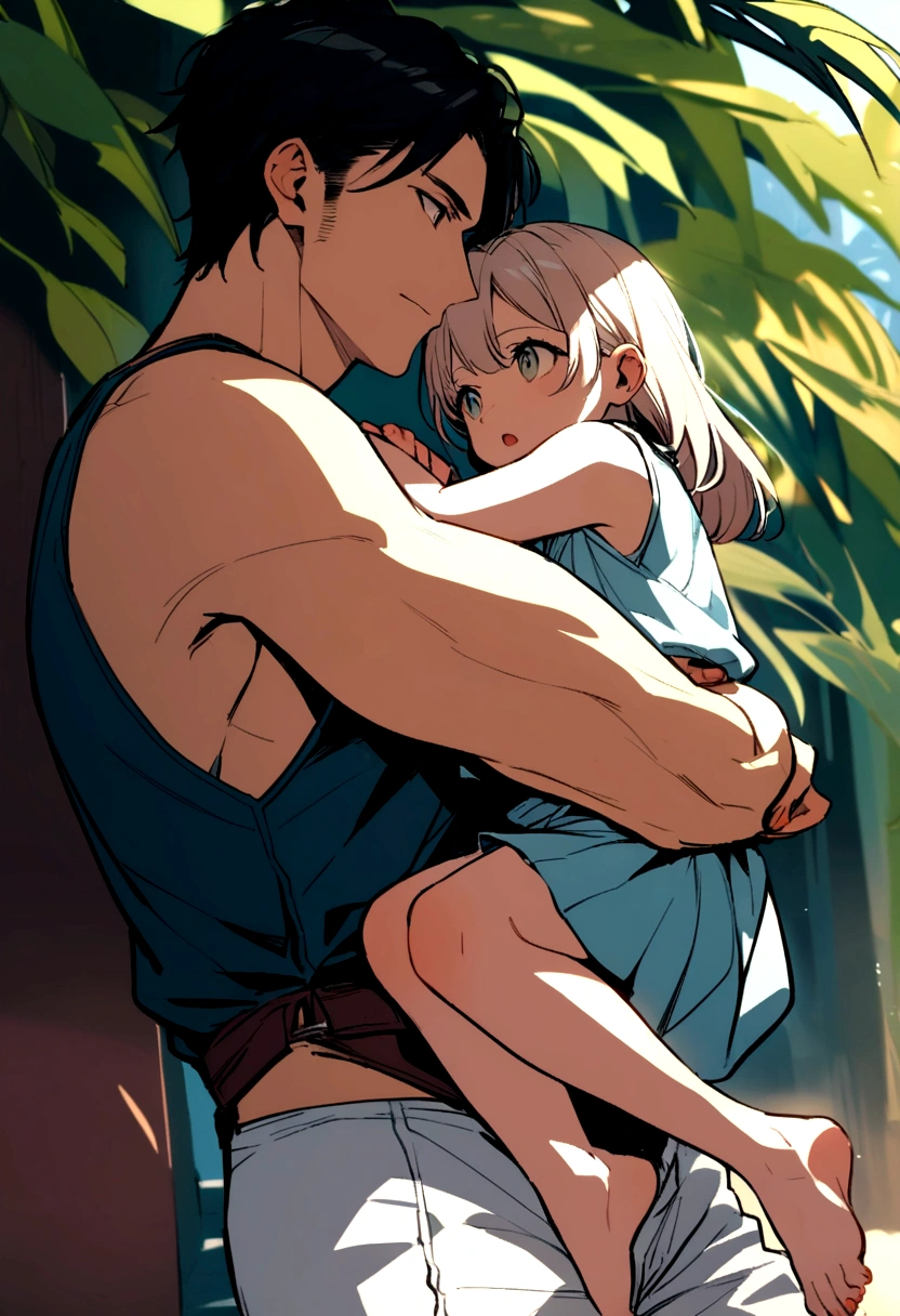 big brother  carrying  his little sister in the summer