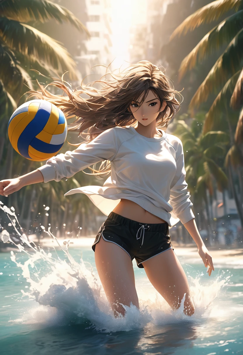 ( Correct and perfect anatomy )An attractive anime girl wearing a white sweatshirt and shorts plays volleyball while standing on the beach(sea water splash) Showing the dynamic posture of playing volleyball, light blue wavy long hair flying quickly, with a sense of speed, dynamic action posture, Distant view of beach with palm trees super detailed，complicated，Film perspective，The use of light and shadow in CG art is bright, High-quality animation style presentation