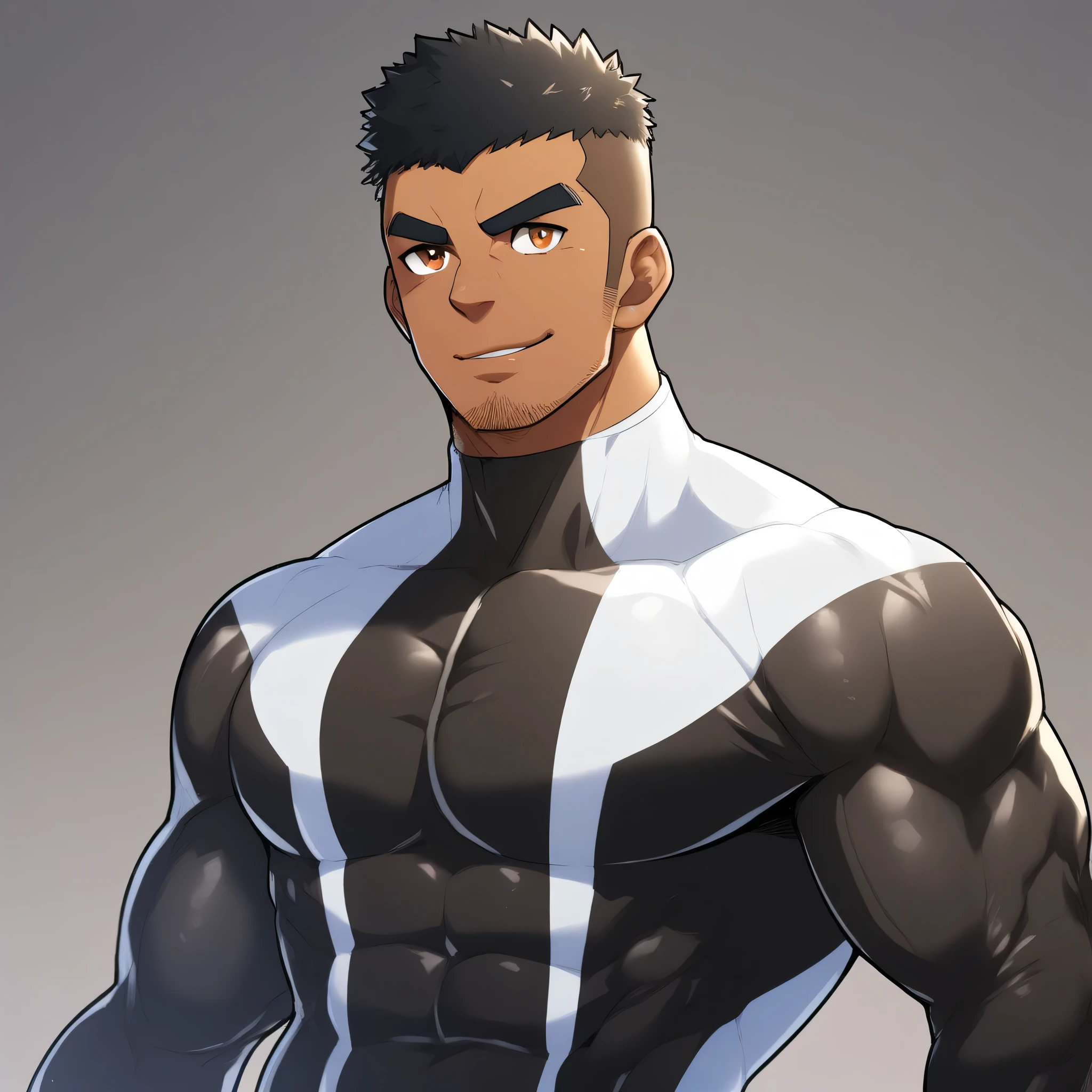 anime characters:Gyee, Muscle Sports Student, negro black skin, 1 dark skin muscular tough guy, Manliness, male focus, Brown long-sleeved high-neck fitness tights, Very tight, Round, full and perky chest muscles, Perfect waist line, Slightly transparent, muscular male, muscular, only, Upper body, alone, Black short hair, Thick eyebrows, stubble, Brown eyes, Grey background, simple background, amazing quality, best aesthetics, Ridiculous, bright pupils, crew cut, parted lips, seductive smile, torogao, naughty face, best quality