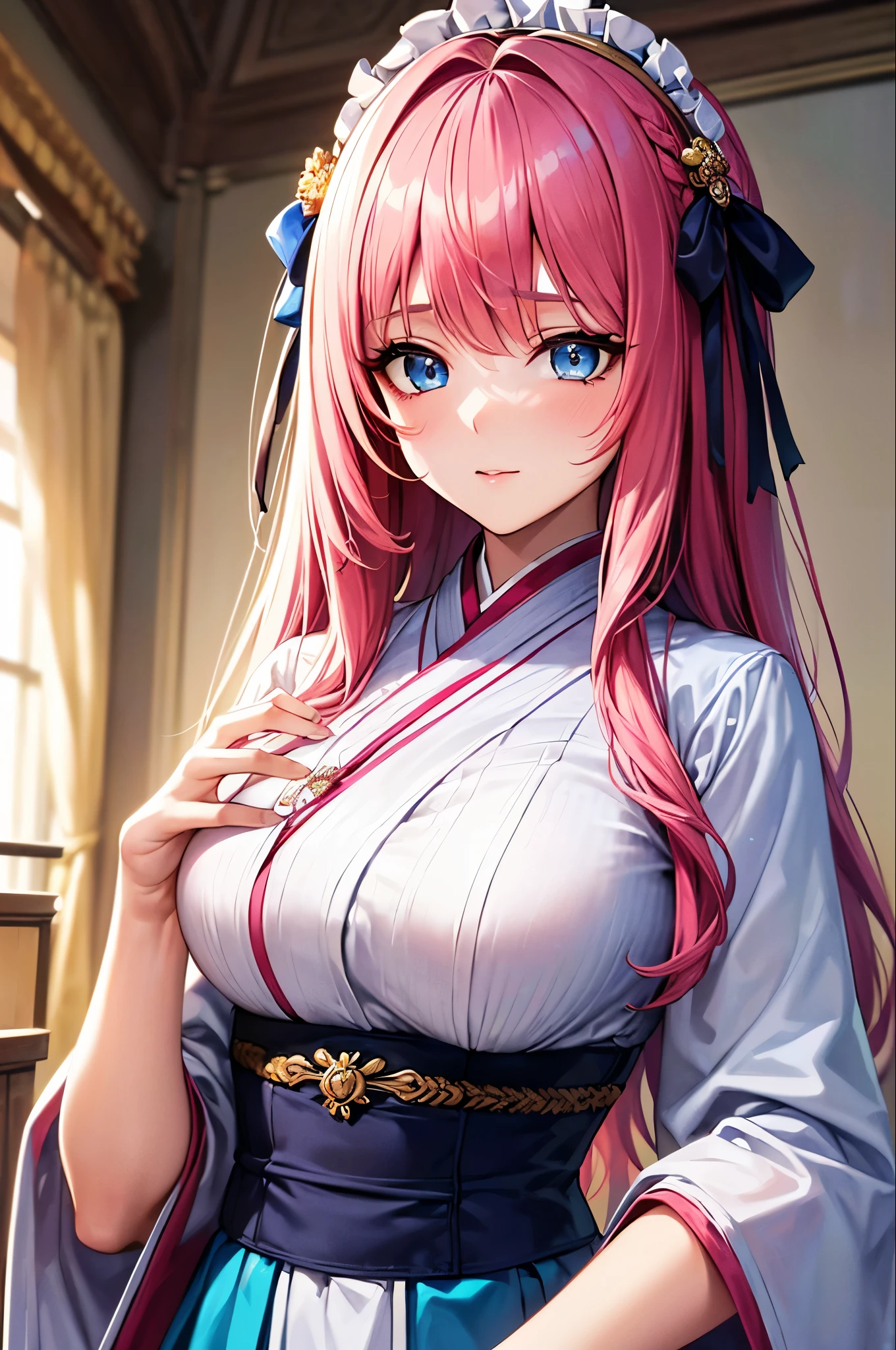 (finely detailed beautiful eyes and detailed face,masterpiece sidelighting,masterpiece,Highest quality,detailed,High resolution illustrations),, (One girl,whole body,beautiful girl,Shiny skin,Look down,View your viewers),, (Pink Hair,blue eyes,ribbon,hanbok, korean clothing), (Dressed_Underbust:1.2),Underbust,