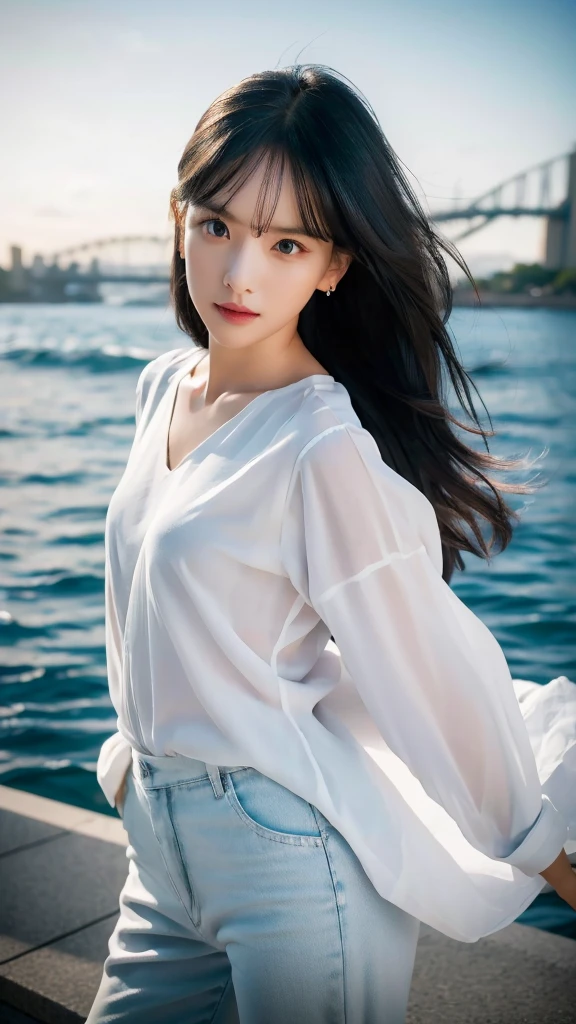 tucked in white shirt and black long pants, small breast, pose, model pose, earring, sydney opera house, windy, hair flying, night, extremely detailed eyes, extremely detailed face, best quality, extremely detailed, one person, one girl, ultra-detailed, (realistic, photo-realistic:1.3)