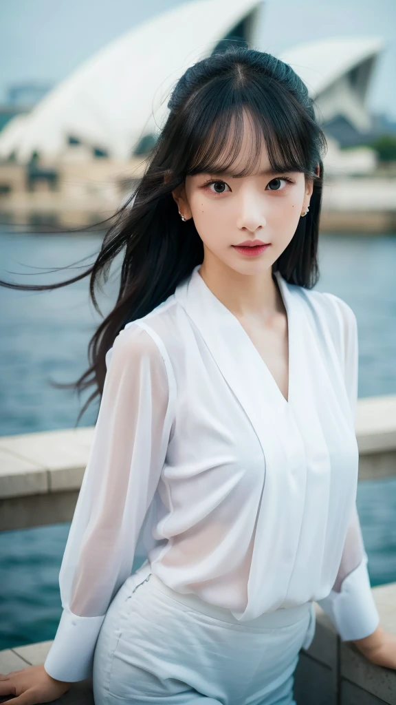 tucked in white shirt and black long pants, small breast, pose, model pose, earring, sydney opera house, windy, hair flying, night, extremely detailed eyes, extremely detailed face, best quality, extremely detailed, one person, one girl, ultra-detailed, (realistic, photo-realistic:1.3)