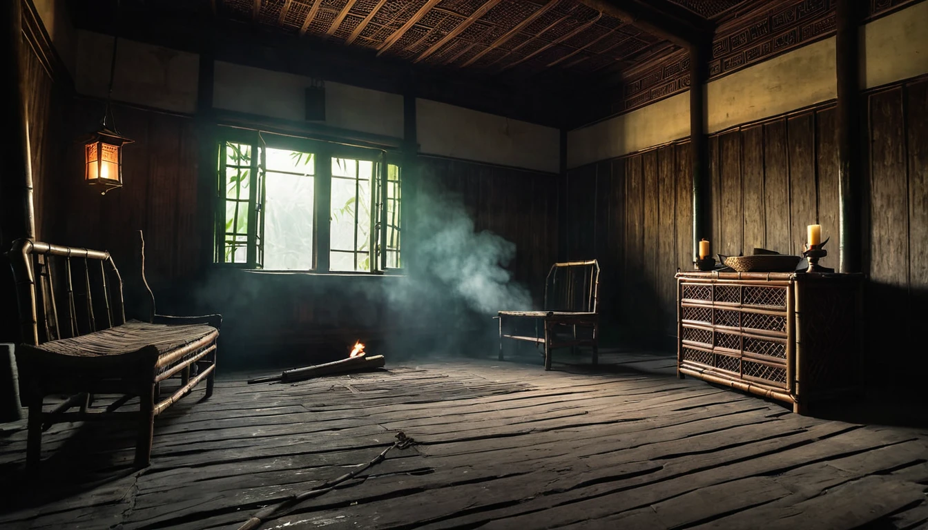 a room in an old, uninhabited house, the furniture was rotten and scattered, the atmosphere was foggy, scary, on the walls were sticks of bamboo torches, evoking a sense of eerie abandonment, shot in a cinematic, low-angle perspective, with warm, muted tones, reminiscent of Indonesian mysticism. in the middle of the night, hyper realistic, mystic, hyper details, 8k