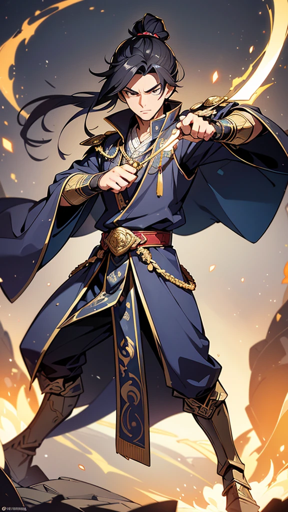 - **Pose**: The character is in an action pose, mid-swing with his sword. His stance is dynamic, with one foot forward and the other slightly behind, creating a sense of motion and balance. His left hand is extended forward for balance, while his right hand firmly grips the sword.
- **Facial Features**: He has a strikingly handsome face with sharp, well-defined features. His eyes are intense and focused, conveying determination and skill. His eyebrows are slightly furrowed, adding to his fierce expression.
- **Hair**: His long, straight black hair is tied into a high topknot, with a few loose strands falling around his face. The hair is glossy and well-maintained, adding to his noble appearance.
- **Clothing**:
- **Outer Robe**: He is clad in a traditional Chinese Hanfu. The outer robe is a deep, rich navy blue with intricate gold embroidery along the edges, depicting dragons and phoenixes in a flowing, dynamic pattern. The robe has wide sleeves that billow with his movements.
- **Inner Garment**: Underneath the outer robe, he wears a lighter blue inner garment that is visible at the collar and cuffs. The inner garment has subtle, elegant patterns embroidered in gold thread.
- **Belt**: A broad, ornate belt secures his waist. The belt is navy blue with a large, gold buckle shaped like a dragon's head, enhancing his regal look.
- **Pants**: His pants are also navy blue, loose-fitting for ease of movement, and tucked into his boots.
- **Boots**: He wears knee-high black leather boots with gold accents and intricate patterns embossed into the leather.
- **Accessories**:
- **Sword**: He wields a traditional Chinese sword with a long, slender blade that gleams silver in the light. The hilt is ornately designed with a dragon motif, and a red tassel hangs from the pommel, swaying with his movements.
- **Hairpin**: A gold hairpin with a jade ornament secures his topknot, adding a touch of elegance.
- **Pendant**: Around his neck, he wears a pendant with a