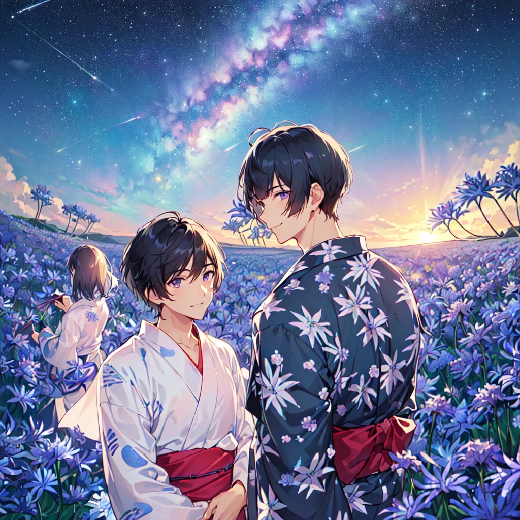 masterpiece,best quality,high quality,(2male austere handsome two adult age 30 years old:1.5), purple eyes, cool with suspended eyes, V-shaped eyebrows, body strong and fearless 8.5 head tall, height 185cm, (well-groomed black short hair to neck:1.4), (bangs 7 thirds parted: 1.4), slender nose, facial muscles, throat, (agapanthus flower print in summer yukata: 1.3), (stylish pose), (cool smile: 1.3), (agapanthus flower field in background: 1.3), (Milky Way Night Sky: 1.3)