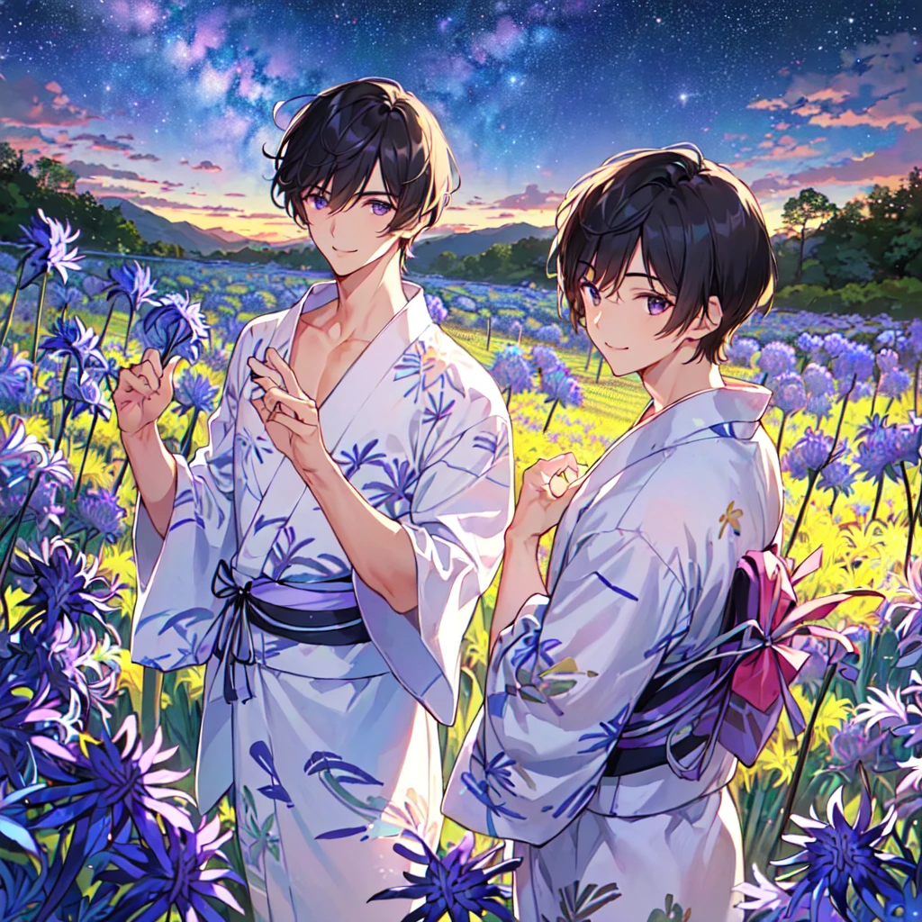 masterpiece,best quality,high quality,(2male austere handsome two adult age 30 years old:1.5), purple eyes, cool with suspended eyes, V-shaped eyebrows, body strong and fearless 8.5 head tall, height 185cm, (well-groomed black short hair to neck:1.4), (bangs 7 thirds parted: 1.4), slender nose, facial muscles, throat, (agapanthus flower print in summer yukata: 1.3), (stylish pose), (cool smile: 1.3), (agapanthus flower field in background: 1.3), (Milky Way Night Sky: 1.3)