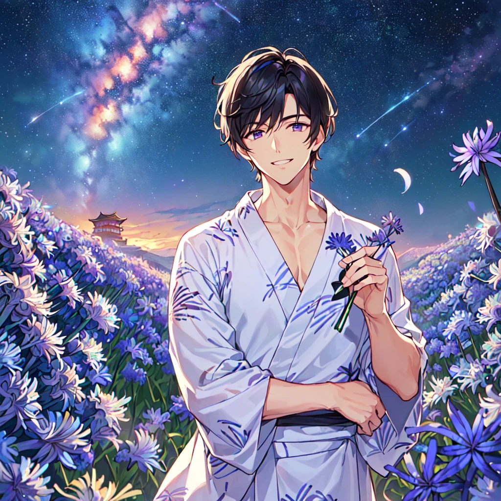 masterpiece,best quality,high quality,(2male austere handsome two adult age 30 years old:1.5), purple eyes, cool with suspended eyes, V-shaped eyebrows, body strong and fearless 8.5 head tall, height 185cm, (well-groomed black short hair to neck:1.4), (bangs 7 thirds parted: 1.4), slender nose, facial muscles, throat, (agapanthus flower print in summer yukata: 1.3), (stylish pose), (cool smile: 1.3), (agapanthus flower field in background: 1.3), (Milky Way Night Sky: 1.3)