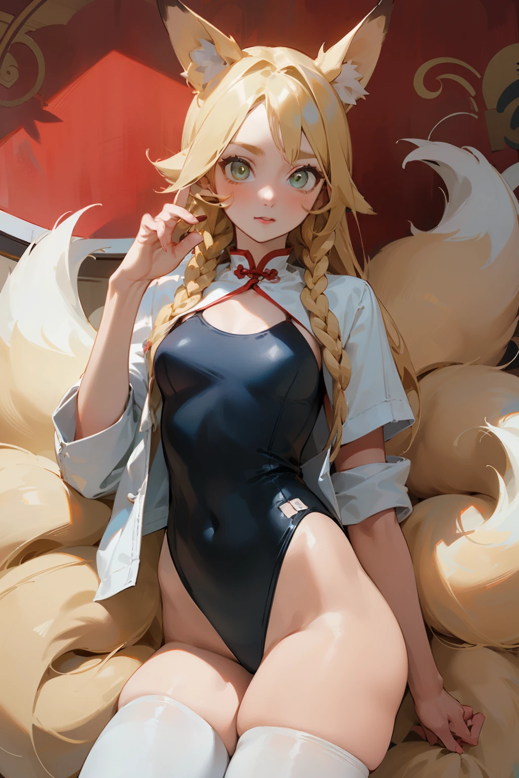 (masterpiece, best quality) detailed, Wearing white tights, Blonde ,elegant, (Fox ears),Red Eyeshadow, ,Chinese element pattern,thigh,漏出thigh,White shirt,White deep V one-piece swimsuit,