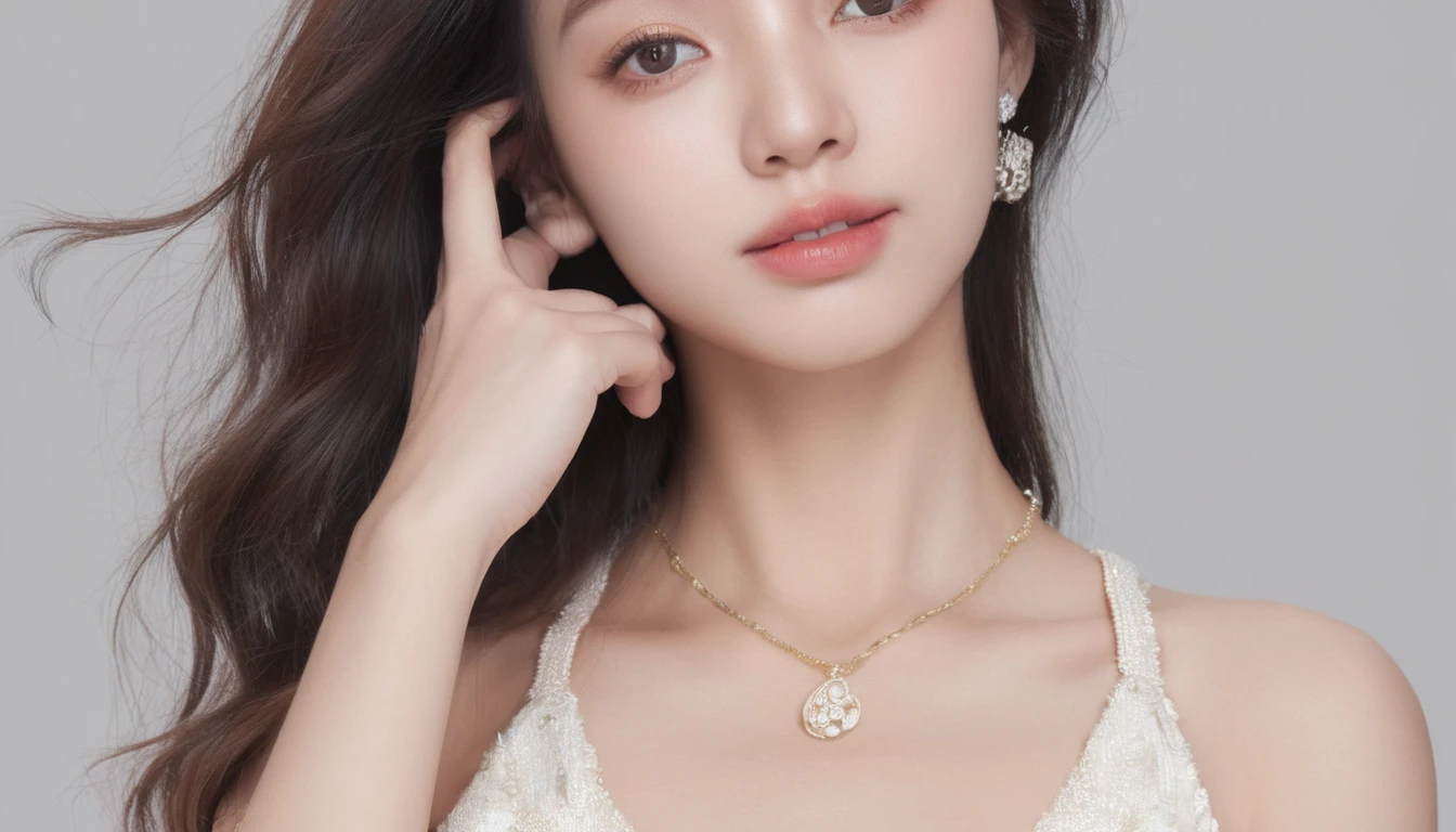 Supermodel face, Wide-angle, Front view, (Photorealistic)、(Intricate details:1.2)、(masterpiece、:1.3)、Facial beauty, (Highest quality:1.4)、(Ultra-high resolution:1.2)、Ultra-high resolution、(Detailed eyes)、(Detailed faceの特徴), ((Realistic lighting、Highest quality、8K、Natural light, masterpiece:1.3))、Bright photo, Clear focus:1.2、One Girl、Perfect beauty:1.4、Super Fine Face、Big narrow eyes、double eyelid、Photo Real, Perfect Eyes, Perfect Skin, Detailed skin, Detailed face, The audience watching, Front view, Portraiture, RAW Photos, Simple and soft white background, (intricate Detailed skin textured:1.4) Front view, The audience watching, Clear Face, 1 Girl、Polate、Bright and very beautiful face、beautiful girl, A stunning close-up portrait showing off the beauty of the Korean model. The composition is soft, Natural lighting , Bright Eyes, Impressive cheekbones. Her Shiny, The background is simply black., Neat hair, Long Hair, Instagram Model, Profile photo, Bright and natural