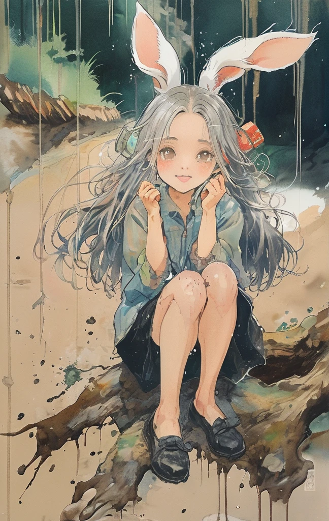 beautiful illustration, best quality, cute girl, bedroom, pastel color, fluffy bunny ears, , silver long hair, alert! Dive into the messy and joyful theme of "Playing in Mud" (Playing in the mud). Capture the pure delight and uninhibited fun of people or animals splashing, building, and getting covered in mud.