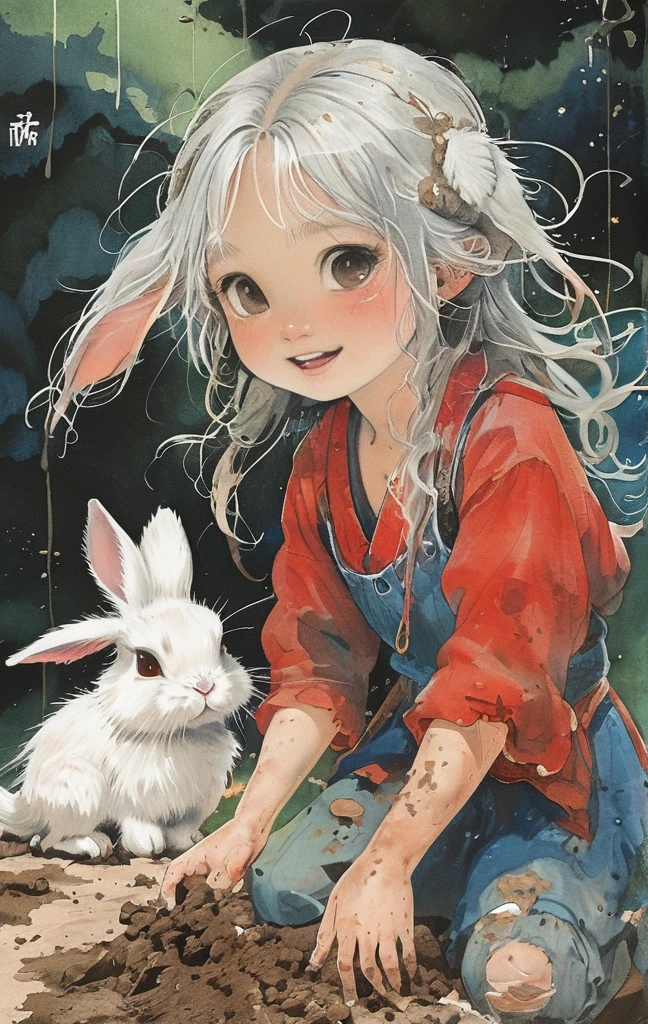 beautiful illustration, best quality, cute girl, bedroom, pastel color, fluffy bunny ears, , silver long hair, alert! Dive into the messy and joyful theme of "Playing in Mud" (Playing in the mud). Capture the pure delight and uninhibited fun of people or animals splashing, building, and getting covered in mud.