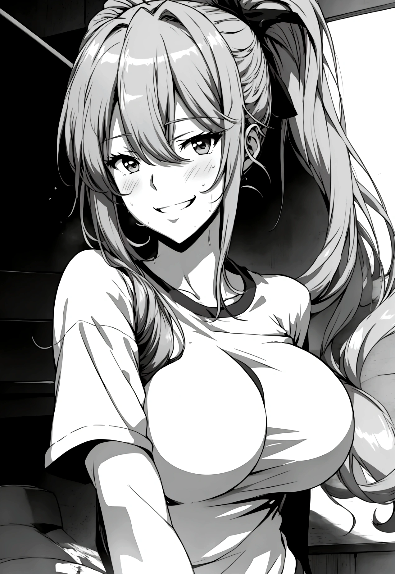 Anime girl,sexy,grinning,long ponytail,wearing a tight t shirt,sweating,looking at viewer