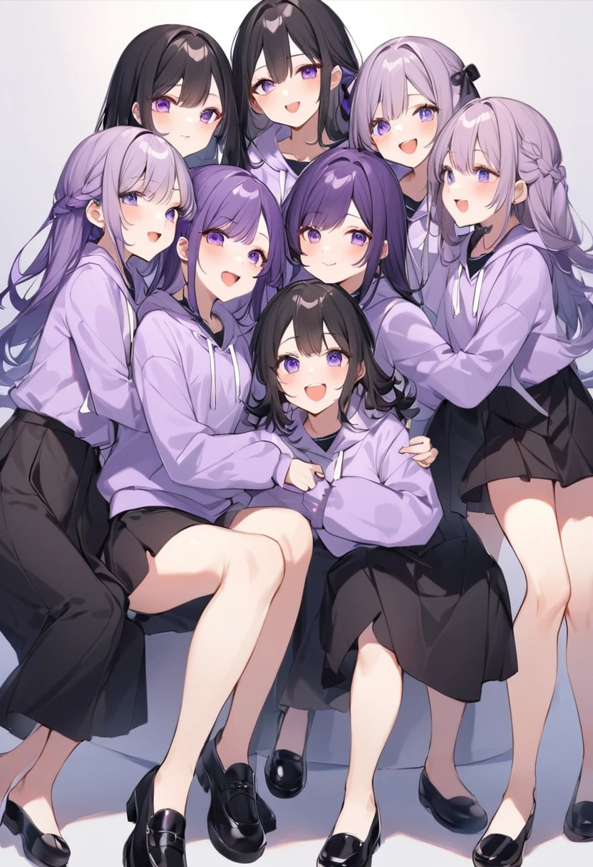 Keito。Purple hoodie。Black Skirt。Purple Eyes。Black Hair。Black shoes下。Black shoes。6 people姉妹。My eldest daughter has lavender hair.。all female。Sextuplets。6 people