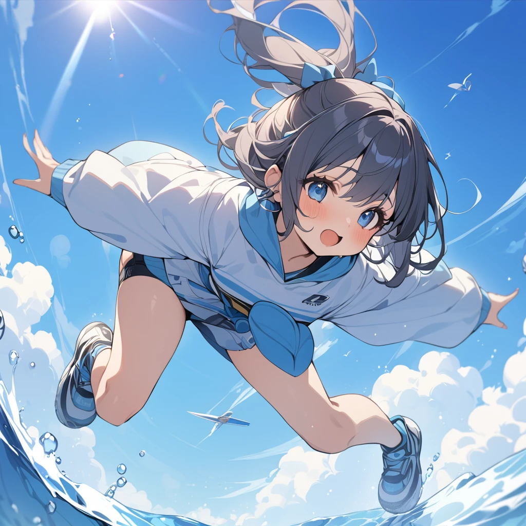 (masterpiece:1.2),blue sky、A big jump into the sky、girl、cute