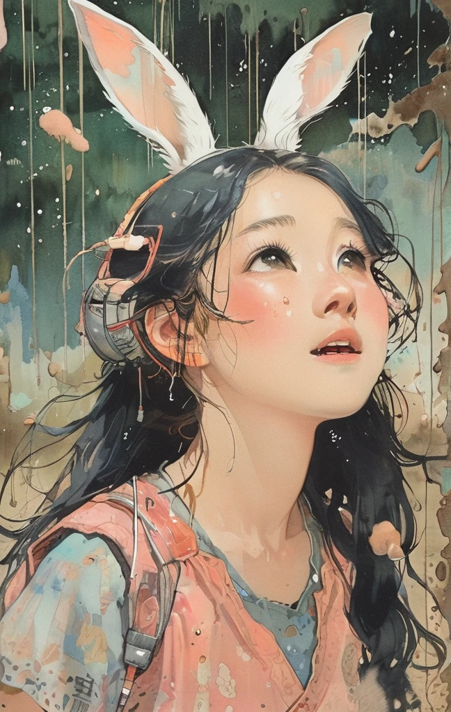 beautiful illustration, best quality, cute girl, bedroom, pastel color, fluffy bunny ears, , silver long hair, alert! Dive into the messy and joyful theme of "Playing in Mud" (Playing in the mud). Capture the pure delight and uninhibited fun of people or animals splashing, building, and getting covered in mud.
