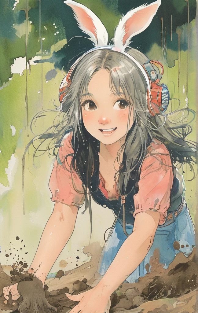beautiful illustration, best quality, cute girl, bedroom, pastel color, fluffy bunny ears, , silver long hair, alert! Dive into the messy and joyful theme of "Playing in Mud" (Playing in the mud). Capture the pure delight and uninhibited fun of people or animals splashing, building, and getting covered in mud.