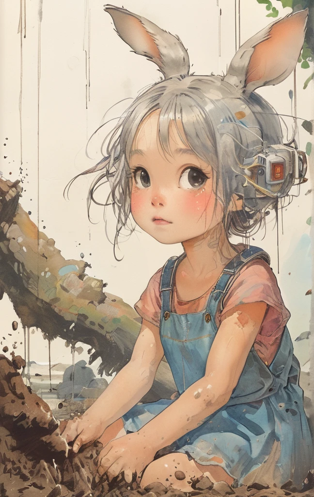 beautiful illustration, best quality, cute girl, bedroom, pastel color, fluffy bunny ears, , silver long hair, alert! Dive into the messy and joyful theme of "Playing in Mud" (Playing in the mud). Capture the pure delight and uninhibited fun of people or animals splashing, building, and getting covered in mud.