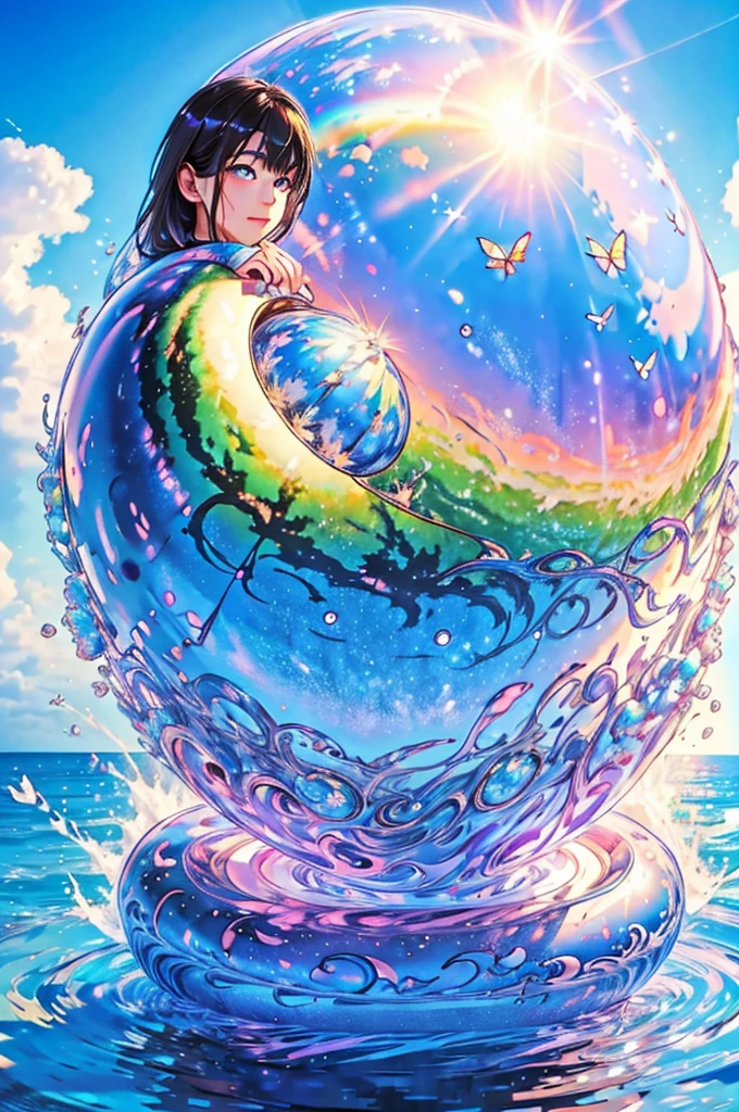 (Highest quality), (8K), (Highest quality), (live-action), (Realistic photos), summer、summerを感じる物、summerを感じる風景, watermelon、blue sky, Rainbow and sunshine shining.16K, Ultra-high resolution, Shining in rainbow colors、to be born,wonderful ,future、Iridescent、The world 30 years from now。