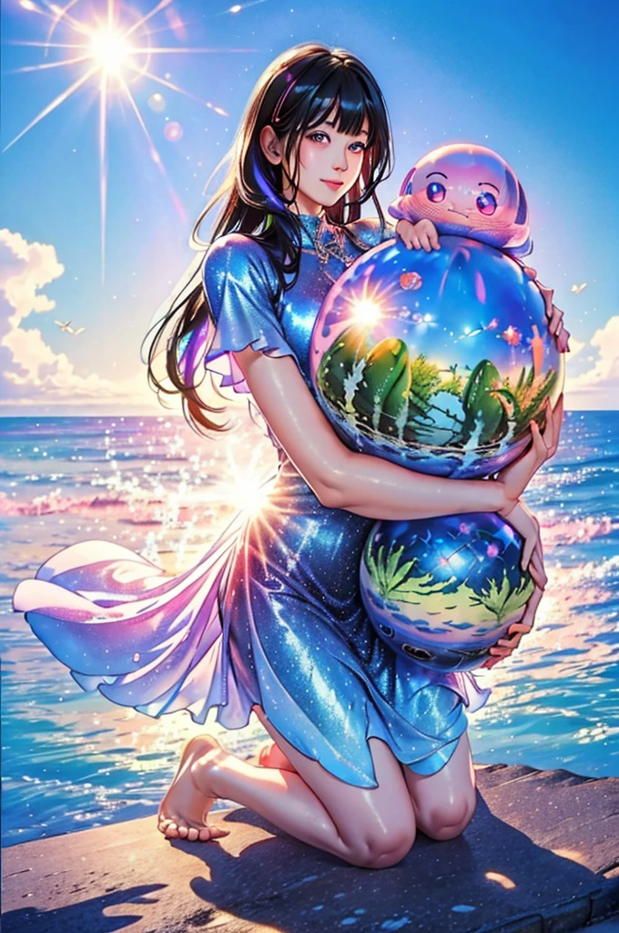 (Highest quality), (8K), (Highest quality), (live-action), (Realistic photos), summer、summerを感じる物、summerを感じる風景, watermelon、blue sky, Rainbow and sunshine shining.16K, Ultra-high resolution, Shining in rainbow colors、to be born,wonderful ,future、Iridescent、The world 30 years from now。