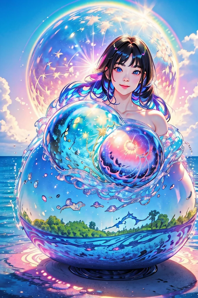 (Highest quality), (8K), (Highest quality), (live-action), (Realistic photos), summer、summerを感じる物、summerを感じる風景, watermelon、blue sky, Rainbow and sunshine shining.16K, Ultra-high resolution, Shining in rainbow colors、to be born,wonderful ,future、Iridescent、The world 30 years from now。