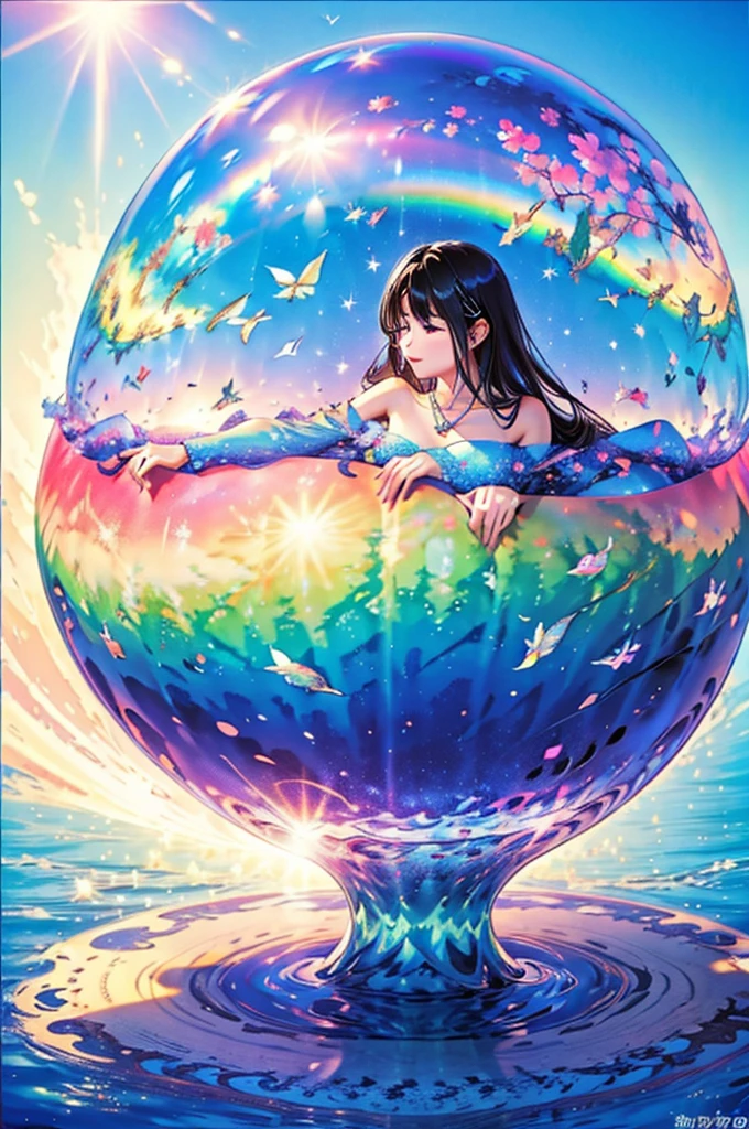 (Highest quality), (8K), (Highest quality), (live-action), (Realistic photos), summer、summerを感じる物、summerを感じる風景, watermelon、blue sky, Rainbow and sunshine shining.16K, Ultra-high resolution, Shining in rainbow colors、to be born,wonderful ,future、Iridescent、The world 30 years from now。