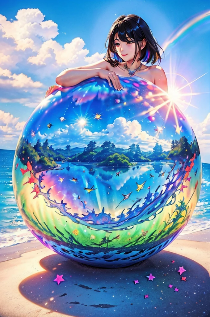 (Highest quality), (8K), (Highest quality), (live-action), (Realistic photos), summer、summerを感じる物、summerを感じる風景, watermelon、blue sky, Rainbow and sunshine shining.16K, Ultra-high resolution, Shining in rainbow colors、to be born,wonderful ,future、Iridescent、The world 30 years from now。