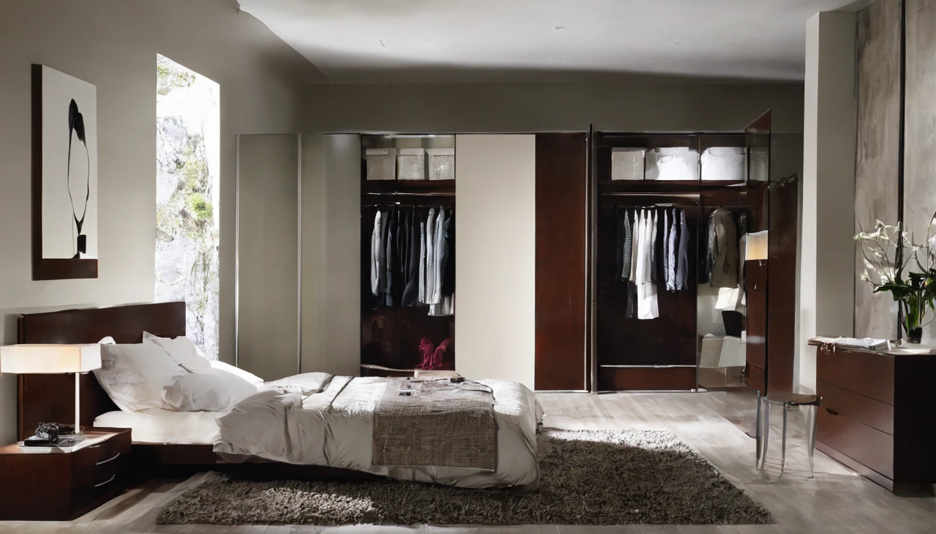 bedroom, bed, wardrobe, clothes on the bed, tense environment