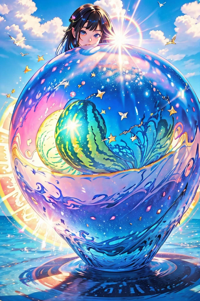 (Highest quality), (8K), (Highest quality), (live-action), (Realistic photos), summer、summerを感じる物、summerを感じる風景, watermelon、blue sky, Rainbow and sunshine shining.16K, Ultra-high resolution, Shining in rainbow colors、to be born,wonderful ,future、Iridescent、The world 30 years from now。