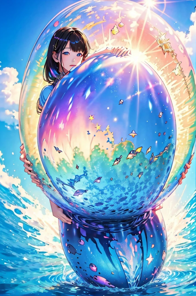 (Highest quality), (8K), (Highest quality), (live-action), (Realistic photos), summer、summerを感じる物、summerを感じる風景, watermelon、blue sky, Rainbow and sunshine shining.16K, Ultra-high resolution, Shining in rainbow colors、to be born,wonderful ,future、Iridescent、The world 30 years from now。