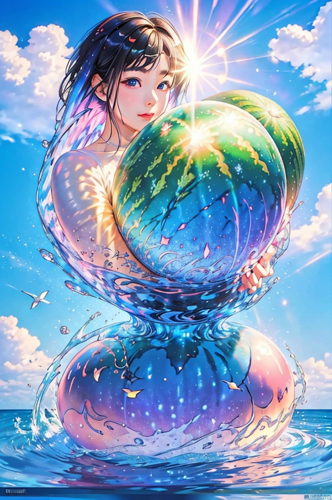 (Highest quality), (8K), (Highest quality), (live-action), (Realistic photos), summer、summerを感じる物、summerを感じる風景, watermelon、blue sky, Rainbow and sunshine shining.16K, Ultra-high resolution, Shining in rainbow colors、to be born,wonderful ,future、Iridescent、The world 30 years from now。