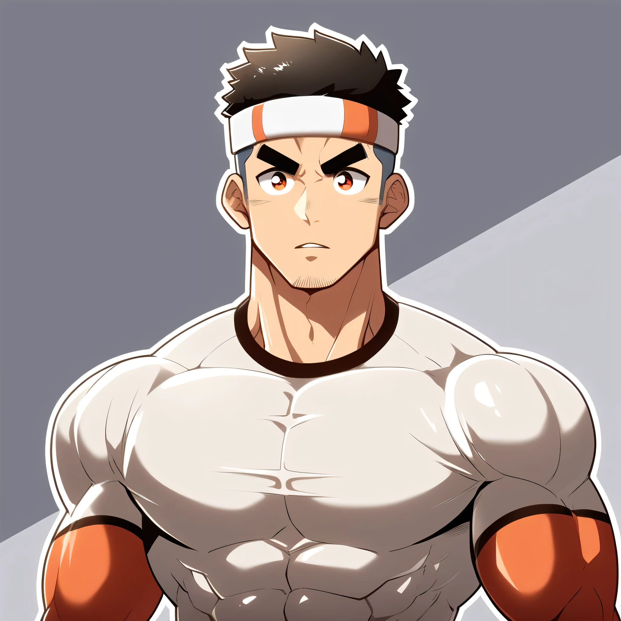 anime characters:Gyee, Muscle Sports Student, Manliness, sports headband, male focus, Cute boy with big eyes, Brown high collar long sleeve tight T-shirt, Slightly transparent material, Very tight, Round, full and perky chest muscles, Slightly transparent, muscular male, muscular, only, Upper body, alone, Black short hair, Thick eyebrows, stubble, Cute little eyes, Brown-red pupils, Grey background, simple background, amazing quality, best aesthetics, Ridiculous, crew cut, parted lips, v-shaped eyebrows, jitome, drop shadow, best quality